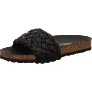 Verbenas Damen Pantolette schwarz geflochten mit schwarzem Fußbett und brauner Sohle