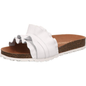 Verbenas Damen Pantolette weiß mit Rüschen und braunem Fußbett mit weißer Sohle