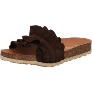 Verbenas Damen Pantolette braun mit Rüschen mit braunem Fußbett und weißer Sohle