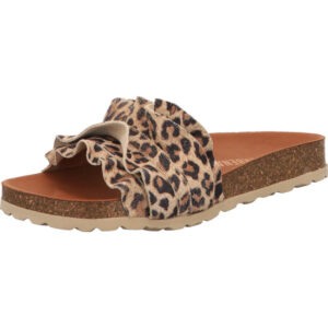 Verbenas Damen Pantolette Leoprint mit braunem Fußbett und weißer Sohle