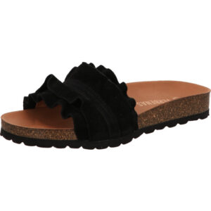 Verbenas Damen Pantolette schwarz mit braunem Fußbett und brauner Sohle