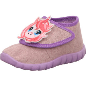 Fischer Kinder Hausschuh flieder mit Klett und Einhornkopf mit lila Sohle