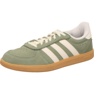 schlanker adidas damen sneaker breaknet sleek grün mit weißen Streifen und gum Sohle