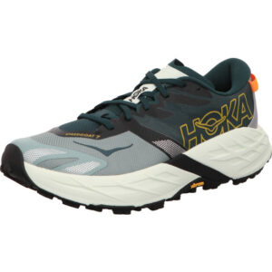 Hoka Herren Laufschuhe SPEEDGOAT 7 BAY LEAF/SEA GLASS türkis und grün und Sohle helltürkis hintenn orange innen stabilitätsstreifen