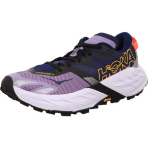 Hoka SPEEDGOAT 7 BERRY/STARLIGHT Damen Laufschuhe Trail vorne lila hinten blau mit gelbem Hoka Logo hinten orange Sohle helllila und schwarzer Stabili