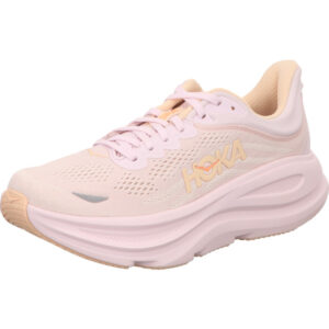 Hoka BONDI 9 Damen Laufschuhe LILAC CREAM / TANGERINE Farbe rose mit seitlich orange Hoka Logo und rose Sohle