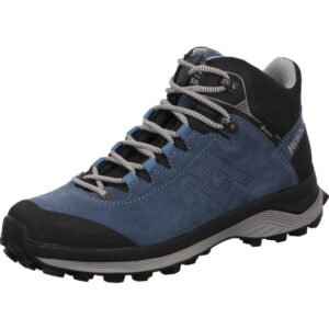 Meindl Antero Lady 2.0 GTX jeans/schwarz Damen hoher Wanderschuh blau mit grauen Schnürsenkel und hellgrauer Sohle vorne schwarze Kappe