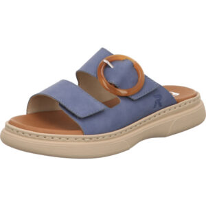 Rieker Damen Pantolette blau mit brauner Schnalle und weißer Sohle