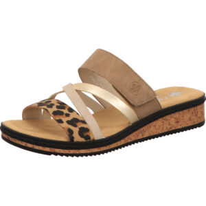 Rieker Damen Pantolette beige gold leo kombi mit Korksohle