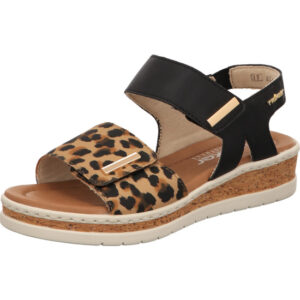 Rieker Damen Sandalette schwarz mit Leoprint und brauner Sohle