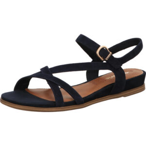 Tamaris Damen Sandalette navy mit goldener Schnalle und hellem Fußbett mit dunkleblauer Sohle