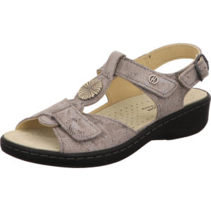 Hickersberger Kräuterschuhe Damen Sandalette graphit Schlangenmuster mit Klett und Schnalle mit hellem Fußbett und schwarzer Sohle