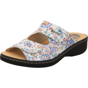 Hickersberge Kräuterschuhe Damen Pantolette weiß multi mit Klett und hellem Fußbett mit schwarzer Sohle