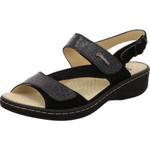 Hickersberger Kräuterschuhe schwarz mit schwarzem Leopardmuster und Klett mit Schnalle und hellem Fußbett mit schwarzer Sohle