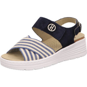Hickersberger Kräuterschuhe Damen Sandalette blau mit weiß blauem Gummizug und Klett mit Schnalle und hellem Fußbett mit weißer Sohle