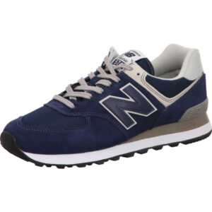 new balance blau mit seitlichem New Balance Logo und beige un graue Schnürsenkel helle Sohle mit dunkelgrau