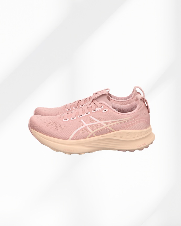Abstract white studio background for product presentation Empty Asics Damen Lauschuh Farbe pink mit seitlich Asics Streifen und beigefarbener Sohle