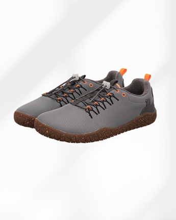 Barfussschuhe-Herren-Waldlaufer-grau-mesh-mit-oragne-oesen-und-schwarzes-Band-darunter-zipper-und-gumsohle