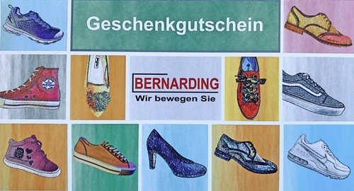 Bunter Gutschein mit blau grün oragen gelb und rese mit dem Text Geschenkgutschine und Bernarding Logo