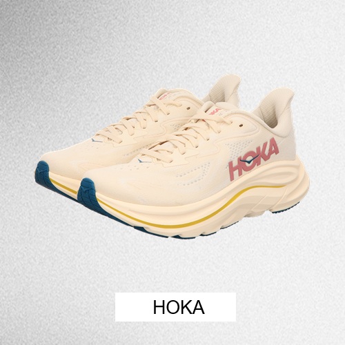 White gray smooth grainy gradient background website header backdrop noise texture effect copy space Hoka DamenSneaker beige mit bordeaufarbenen Hoka Logo und beige farbener Sohle und Button Hoka