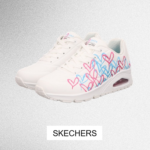 White gray smooth grainy gradient background website header backdrop noise texture effect copy space Skechers Damensneaker Uno weiß mit heller Sohle und Fenster seitlich Herzen in verschiedenen Farben und Button Skechers