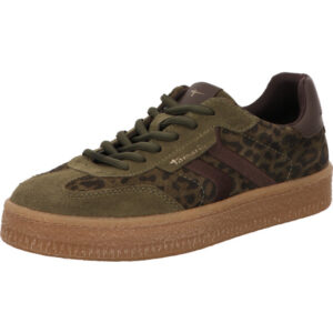 Tamaris Damen Halbschuh Schnürer olive mit Leoprint und brauner Sohle