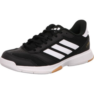 adidas hallenschuh ligra 8 M schwarz mit weißen Adidas Streifen und heller Sohle und unten gumsohle