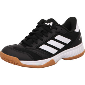 adidas Ligra 8 K schnürer hallenschuhe schwarz mit weißen Adidas Streifen und weißer Sohle mit gumsohle