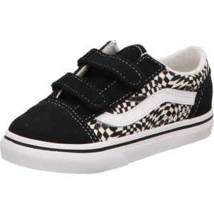 Old Skool V Vans Warp BLACK/MARSHMALLOW/MULTI kinder schwar weiß checker und weißem Vans Streifen und weißer Sohle