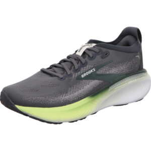 brooks herren laufschuhe adrenaline gts 25 grau mit grünem Brooks Logo und weiß grüer Sohle schnürer