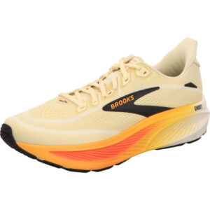 brooks ghost 18 herren laufschuhe beige mit orange und schwarzem Brooks Logo Sohle orange und rot