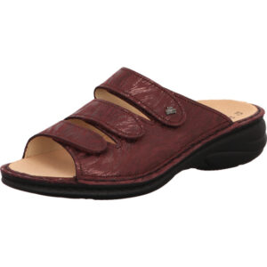 Finn Comfort Damen Pantolette bordo mit Klett und hellem Fußbett und schwarzer Sohle