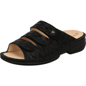 Finn Comfort Damen Pantolette schwarz mit Klett und hellem Fußbett mit schwarzer Sohle