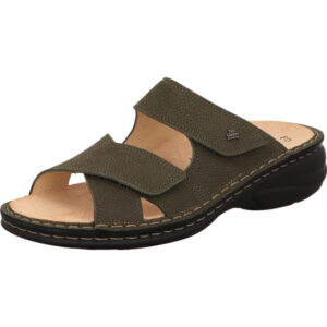 Finn Comfort Damen Pantolette olive mit Klett und hellem Fußbett mit schwarzer Sohle