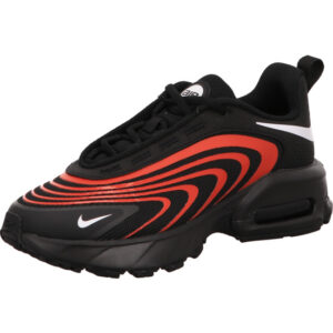 nike air max fire kinder sportschuhe schwarz kombi mit roten applikationen und hinten weißes Nikezeichen schnürer mit schwarzer Sohle