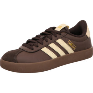 adidas damen schnürer sneaker braun kombi mit beige farbenen Adidas Streifen und adidas in goldschrift und dunkle gumsohle