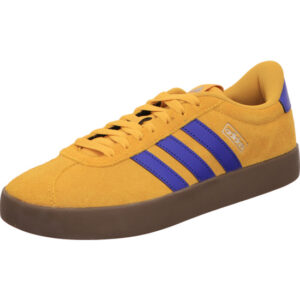 adidas schnürer vl court 3.0 curry farben mit blauen Adidas Streifen herren sneaker mit goldenem Adidas und gumsohe