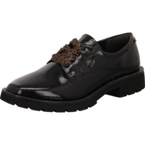Tamaris Damen Halbschuh schwarz glanz mit bordeauxfarbenen Schnürsenkel