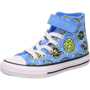 converse kids klettverschluss ctas 1v hi hell blau mit geben Paneten seitich einen Converse Stern heler Sohle und weißen eastischen Schnüsenkel