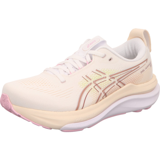 asics GEL-KAYANO 33 WHITE/HAZY LILAC damen laufschuhe schnürer weiß beige mit braunen Assics Applikationen und heller Sohle