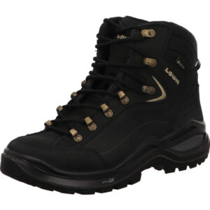 Lowa renegade damen hoher Wanderschuh schwarz mit goldenen Aplikationnen und Ösen und schwarzer Sohle