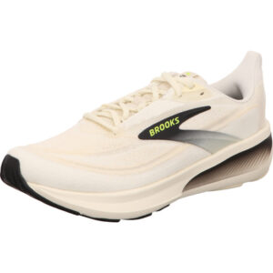 brooks Herren Laufschuhe revel 9 beige mit scharzem Brooks Logo und gelber Schrift Sohle weiß und schwarzgrau