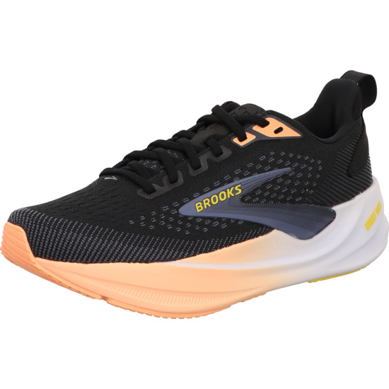 damen laufschuhe brooks schwarz kombi mit grauem Brooks Logo und gelber Schrift ghost max 4 Sohle hoch mit weiß rose