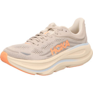 hoka damen laujschuhe beige kombi mit rosa Hoka Logo beigefarbener Sohle mit hellblauem Streifen und unten Rose bondi 9