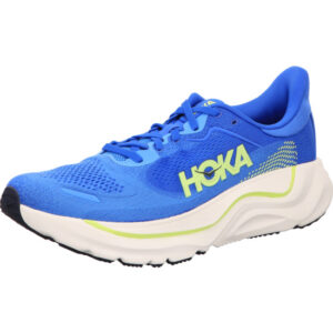 hoka herren laufschuhe Arahi 9 blau mit gelbem Hoka logo und heller Sohle mit gelben Applikationen