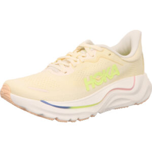 hoka damen alufschuhe arahi 9 beige gelb gelbem Hoka Logo und heller Sohle mit pink und gelb