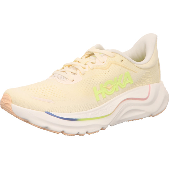 hoka damen alufschuhe arahi 9 beige gelb gelbem Hoka Logo und heller Sohle mit pink und gelb