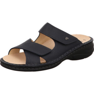 Finn Comfort Damen Pantolette dunkelblau mit Klett und hellem Fußbett mit schwarzer Sohle