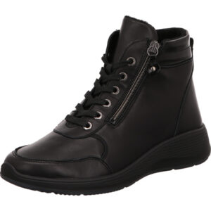 Waldläufer Damen Stiefelette Mehrweite schwarz Schnürer mit mini Reißverschluss an der Seite und schwarzer Sohle
