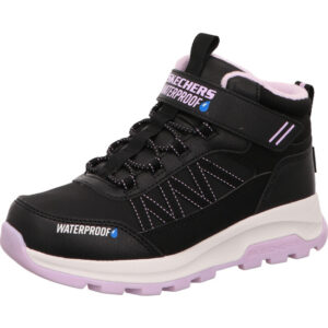 Skechers Mädchen Schuhe hoch  in schwarz mit hellblau und rosa. Hellgrauer Sohle und rosaner Rand an der Sohle.